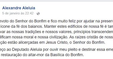 Artigo: Alexandre Aleluia comemora liberação de emenda para recuperação de altar do Bonfim